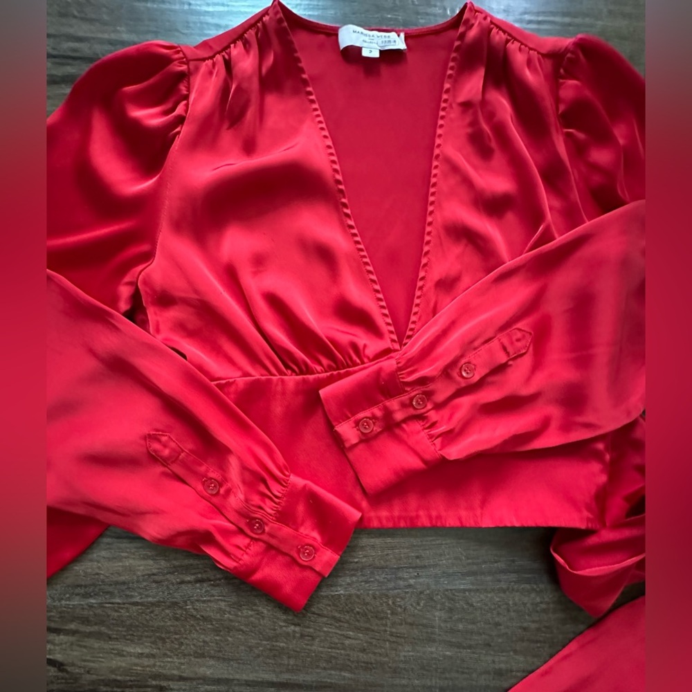 Marissa Webb x RTR Tie Waist Satin Top in Red. Size 2 - Picture 7 of 14